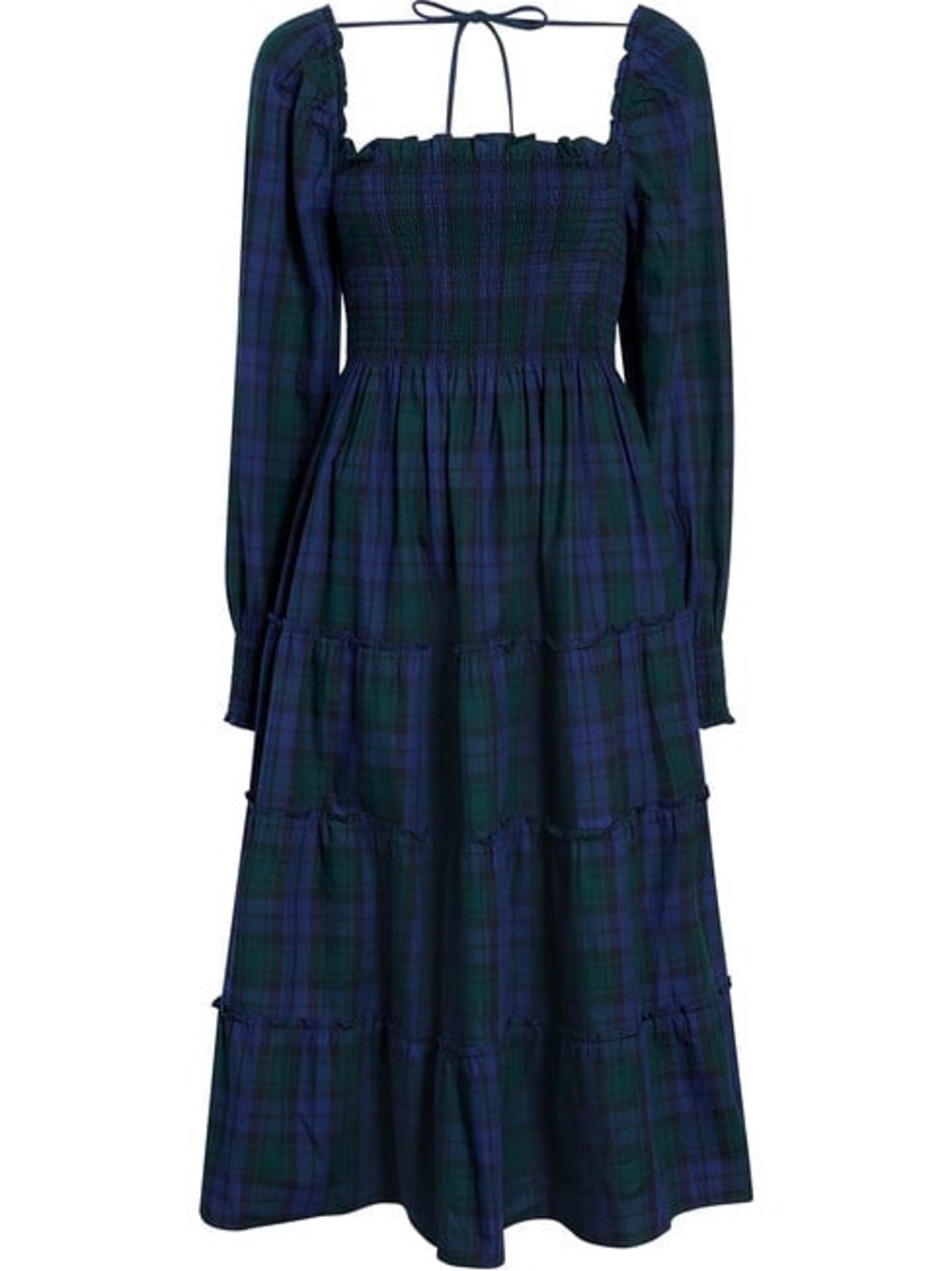 Hill House Nap Dress Blackwatch Plaid Smocked Tiered Maxi Dress - Navy & Green